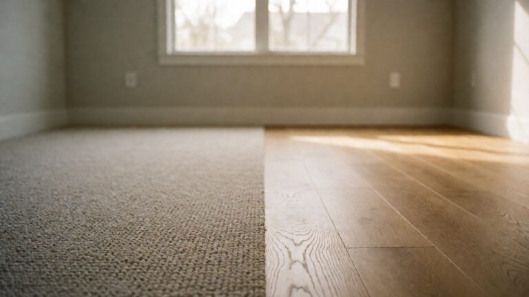 A room split between a cut pile carpet floor and a solid oak plank floor