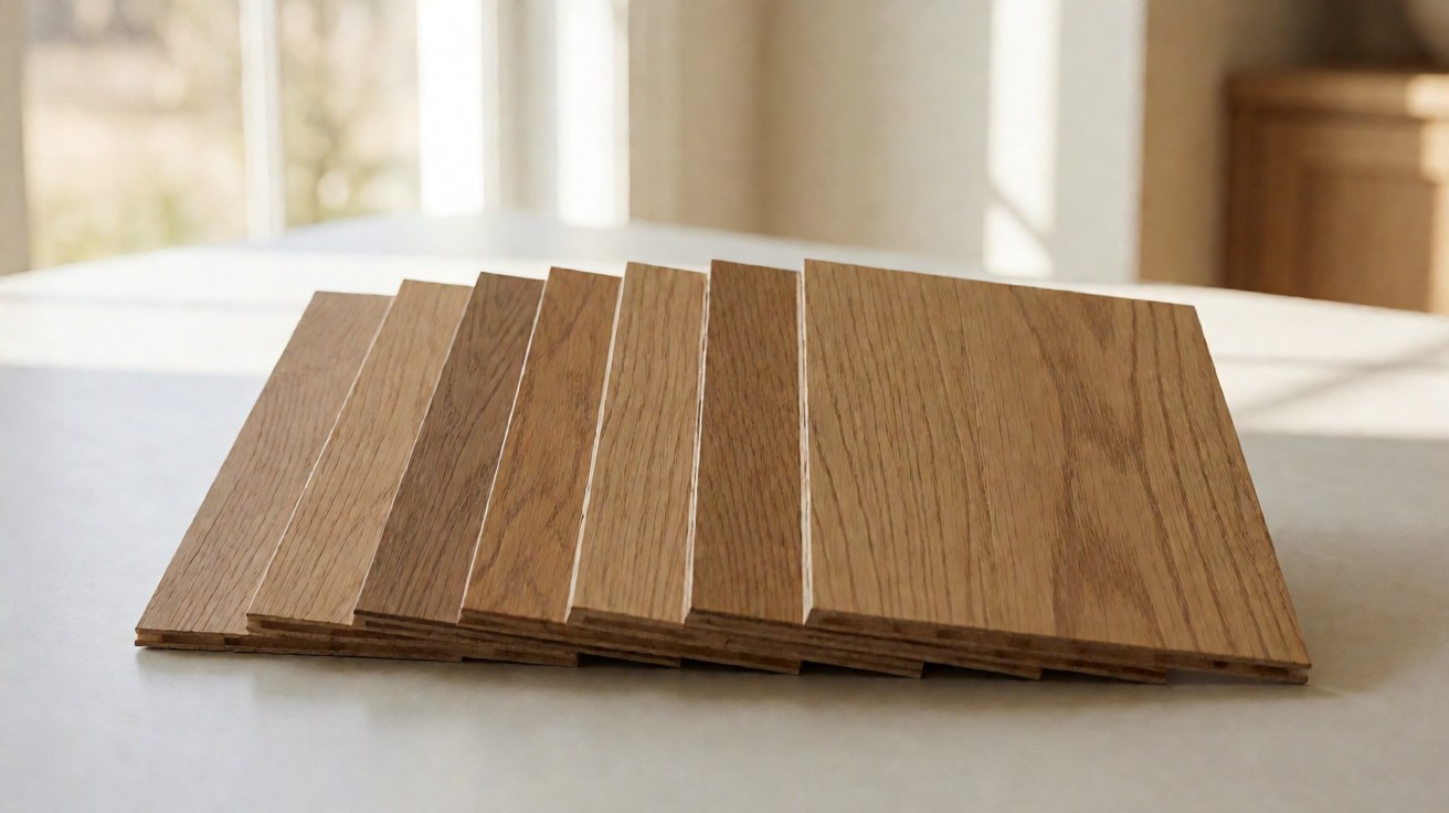 Several oak flooring samples fanned out side by side in daylight showing different tones