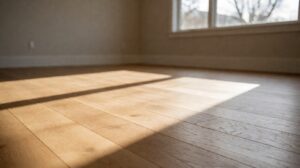 A band of sunlight across a light oak floor where the lit boards look visibly different from the shaded ones