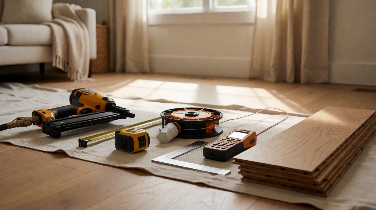 Floor installation tools laid out in a row on a drop cloth