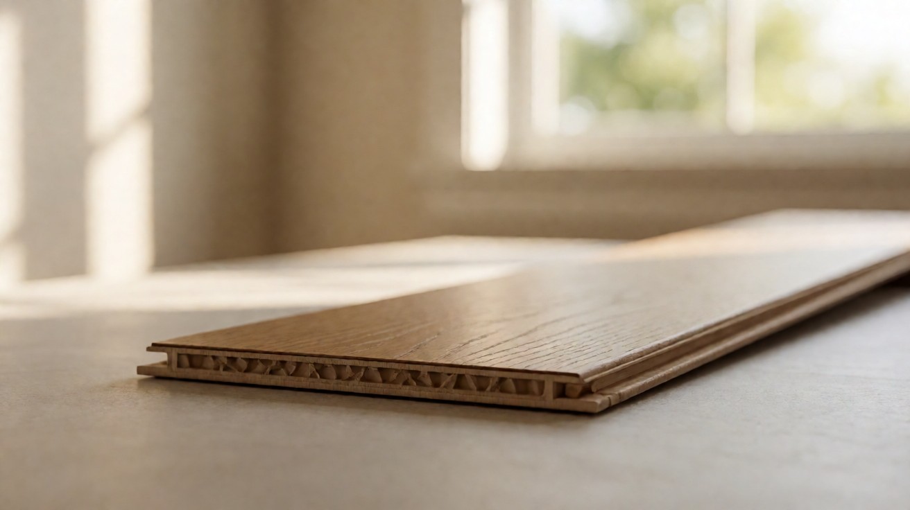 A flooring plank sample showing its edge profile and texture