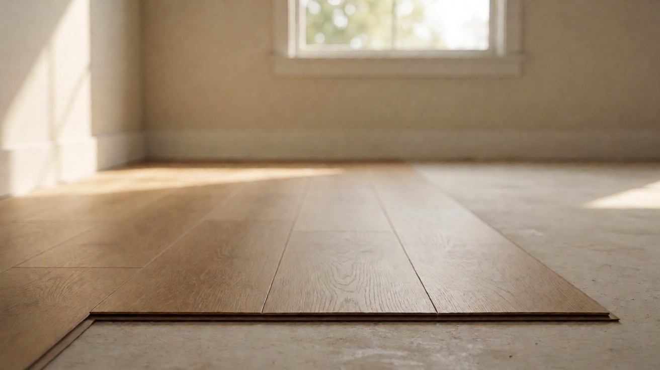 A row of interlocking click-lock planks on a bare subfloor