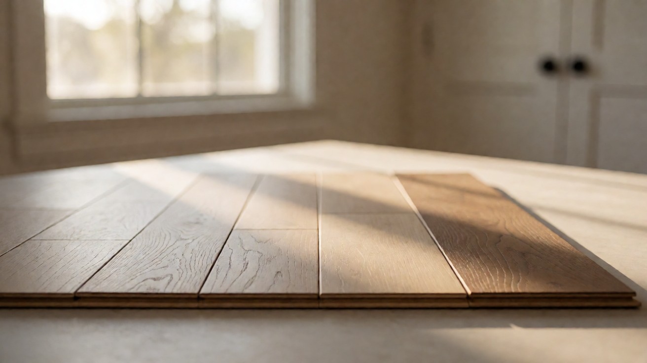 Several flooring plank samples of different wood tones on a light surface