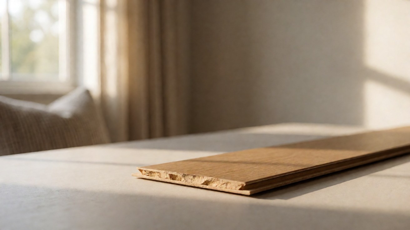 The chipped edge of a laminate plank on a pale surface