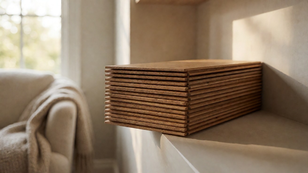 The cut ends of spare planks stored on a shelf