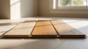 Three flooring sample planks showing different cut-edge constructions