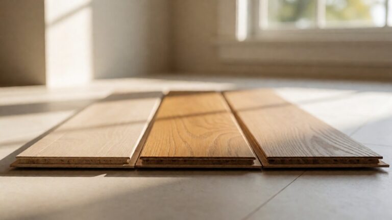 Three flooring sample planks showing different cut-edge constructions