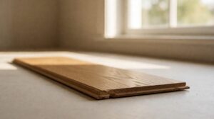 A flooring plank with a small corner chip