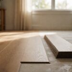 Click-lock planks on a bare subfloor beside a short stack
