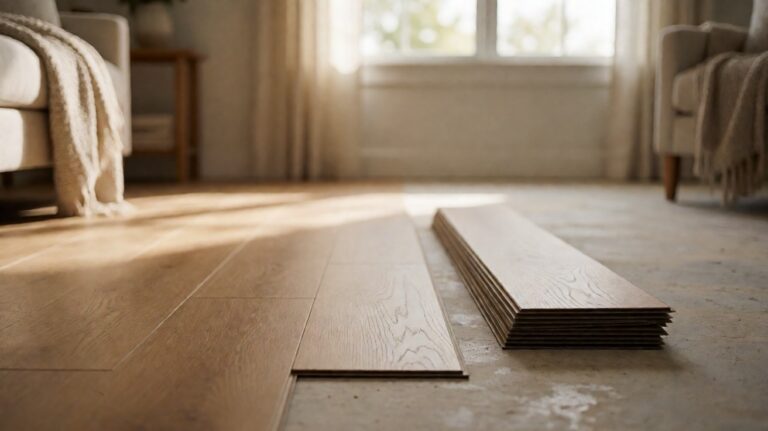 Click-lock planks on a bare subfloor beside a short stack