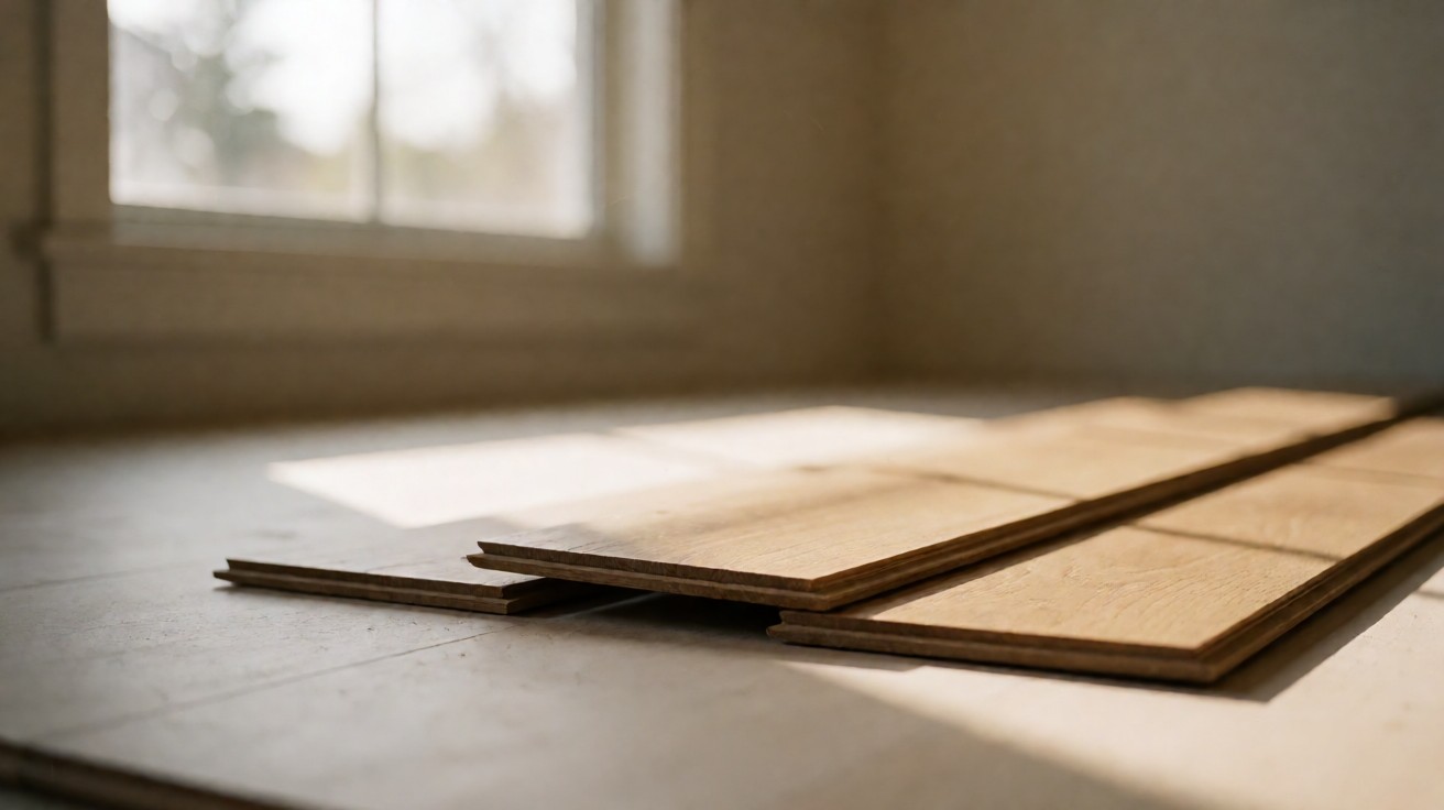 A row of pale oak planks with one turned to show a chipped edge