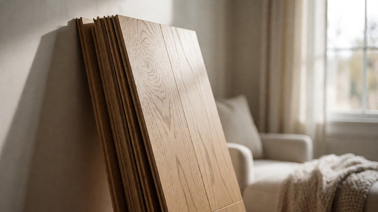 A short stack of spare planks leaning against a wall