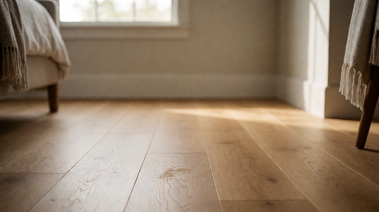 A section of oak flooring with a faint scuff