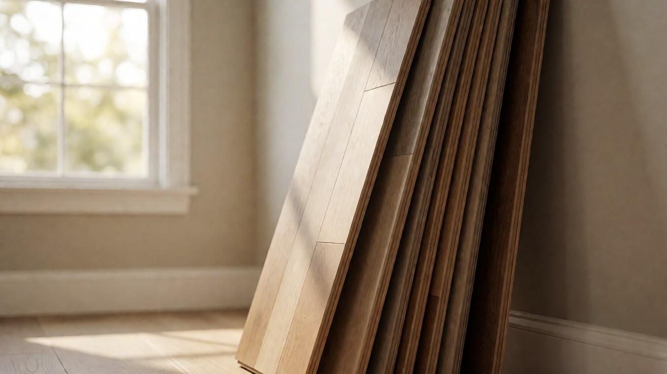 A wall of stacked plank samples in different wood tones
