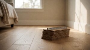 Flooring sample planks and a tape measure on a newly installed plank floor