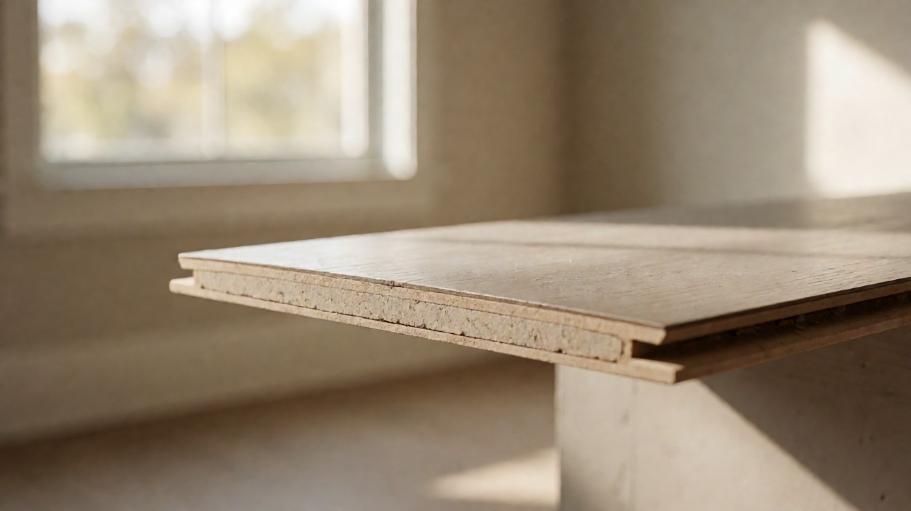 The cut edge of a flooring plank showing layered core construction