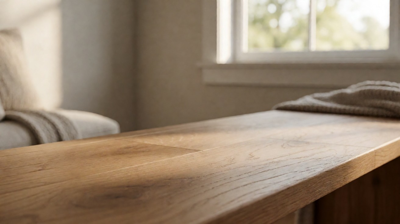 A row of pale oak planks with one turned to show a chipped edge
