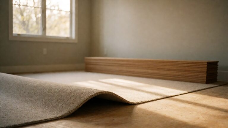 A living room with the old carpet rolled back