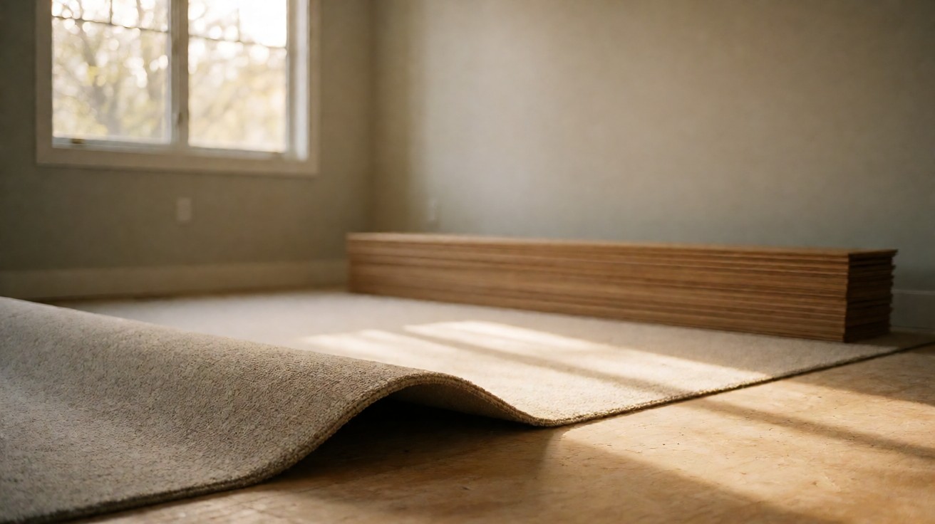 A living room with the old carpet rolled back