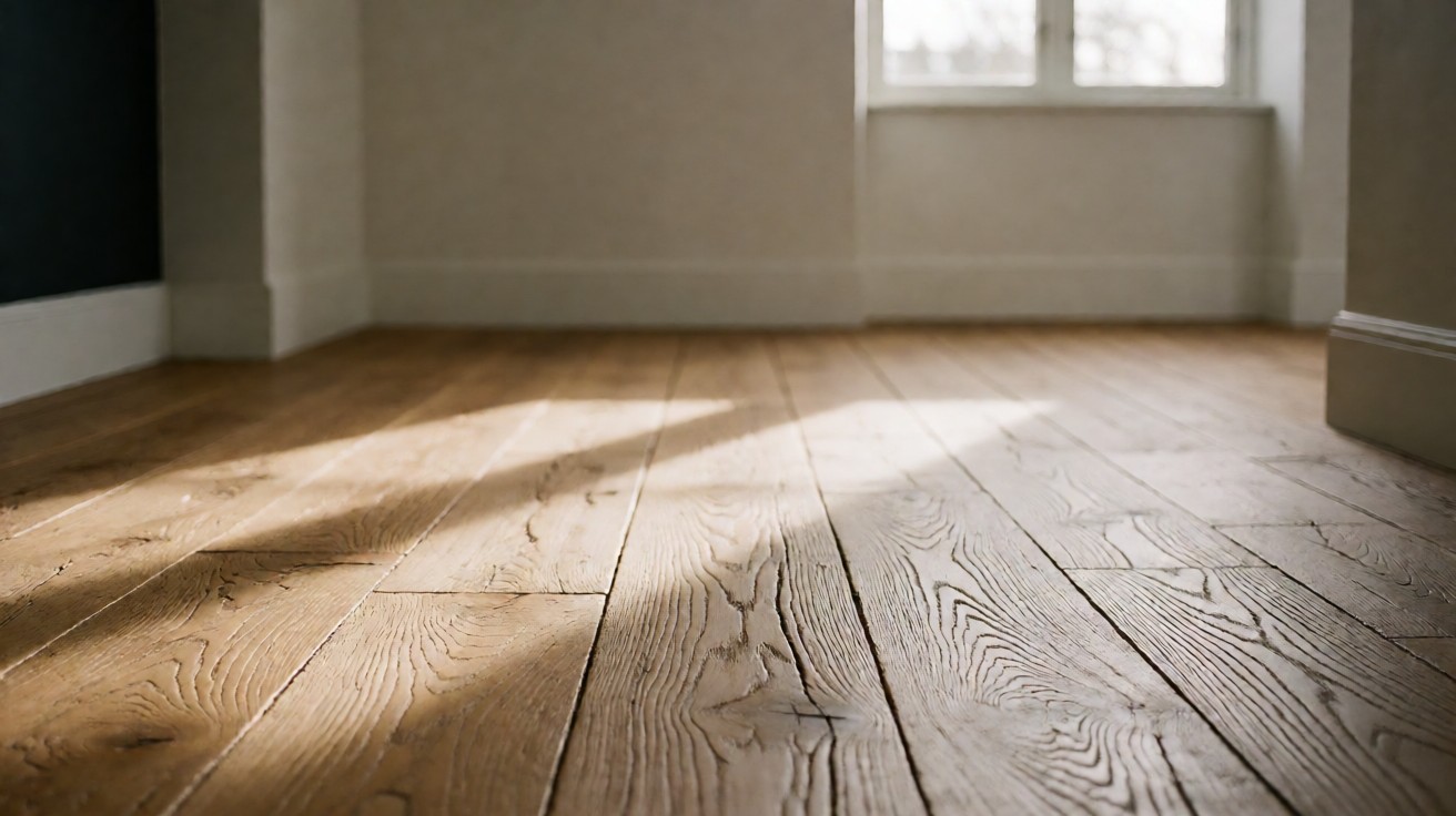 Low raking sunlight across a hand-scraped oak floor showing the depth of the surface grooves