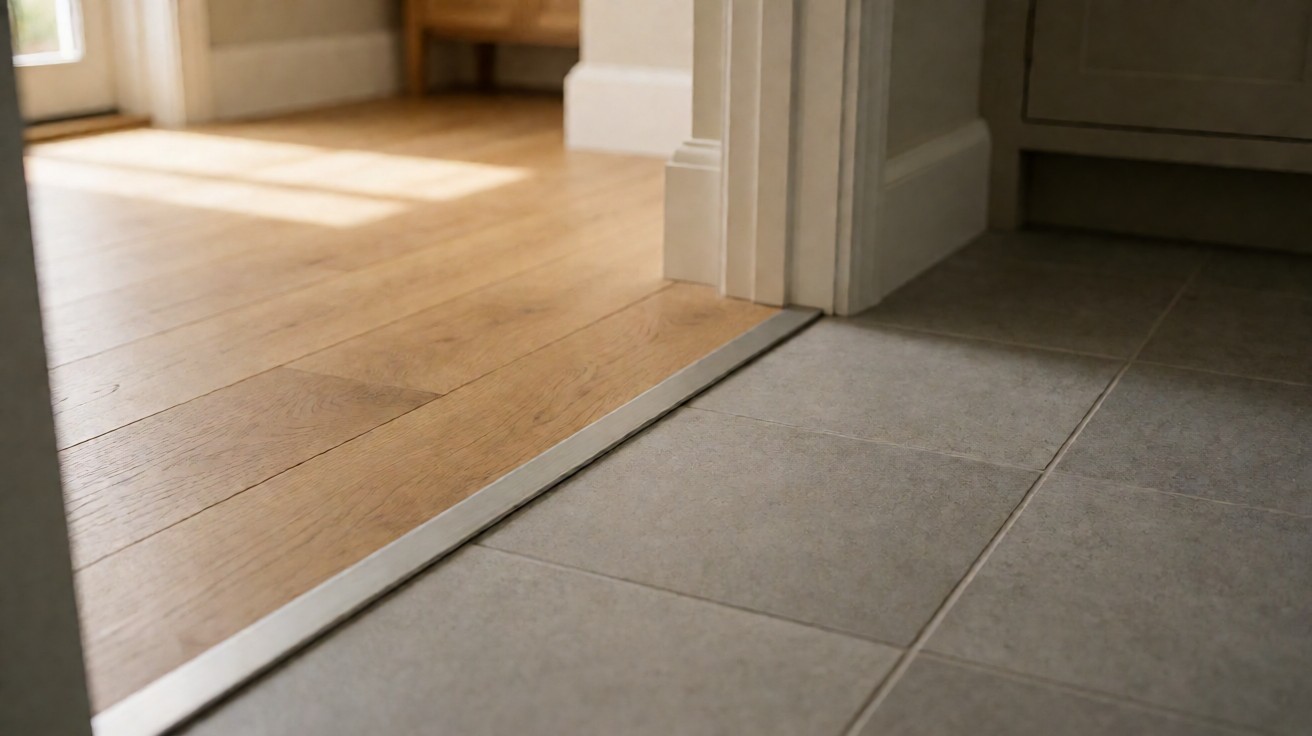 An aluminium transition strip between wood and tile