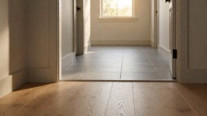 A light wood plank floor meeting a grey commercial tile floor through a doorway with a metal transition strip