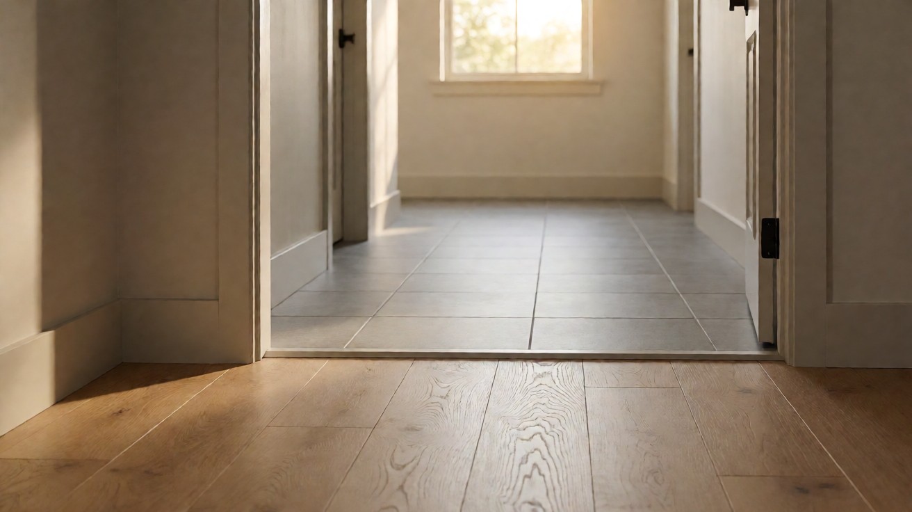 A light wood plank floor meeting a grey commercial tile floor through a doorway with a metal transition strip