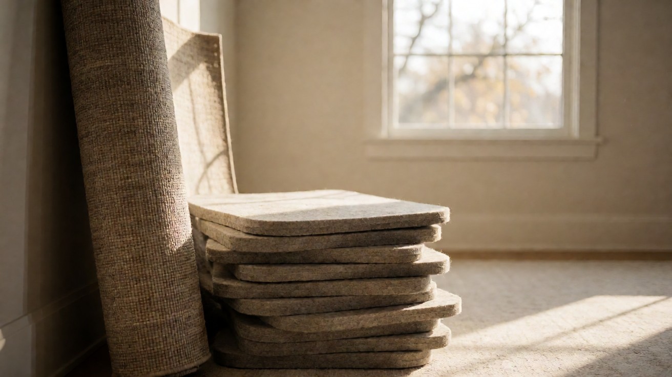 A rolled rug and furniture pads against a wall
