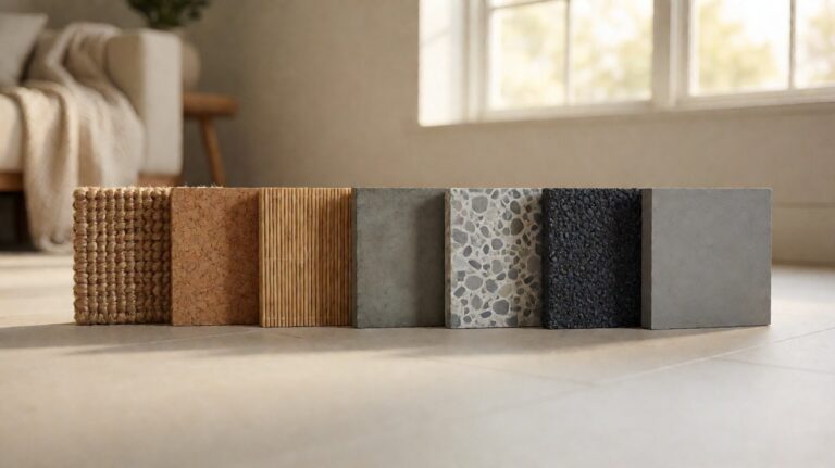 Seven specialty flooring material samples laid out in a row for comparison