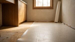 Sheet vinyl flooring unrolled across a prepared bathroom subfloor