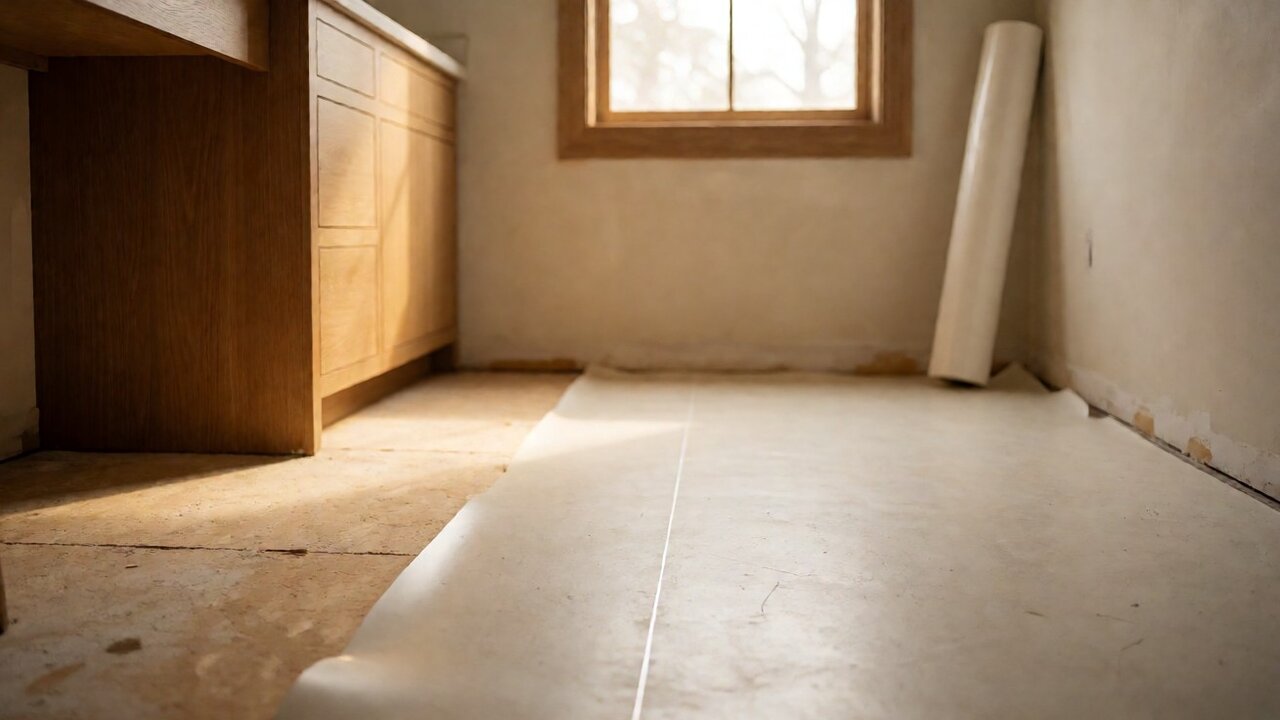 Sheet vinyl flooring unrolled across a prepared bathroom subfloor