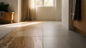 Side by side comparison of a varied natural stone floor and a uniform porcelain tile floor