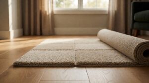 Soft pile carpet tiles in a grid next to a roll of matching broadloom carpet