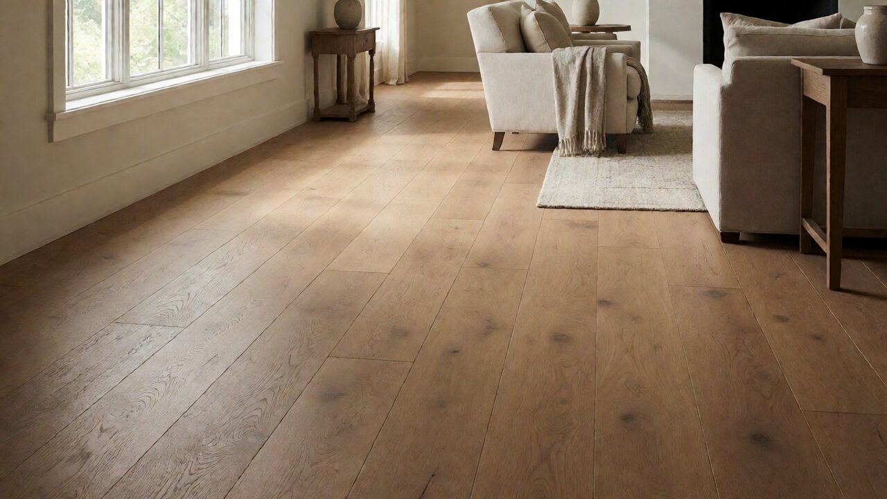 Wide oak planks running parallel to a bright window in a living room