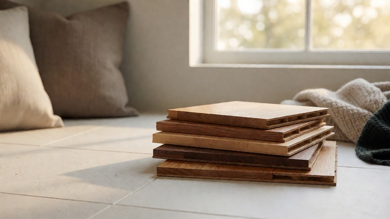 Stacked hardwood flooring samples of oak, maple, walnut, and hickory