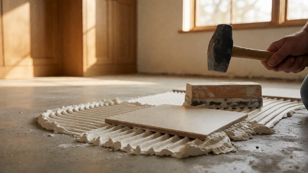 A ceramic tile being set into combed thinset mortar with a beating block