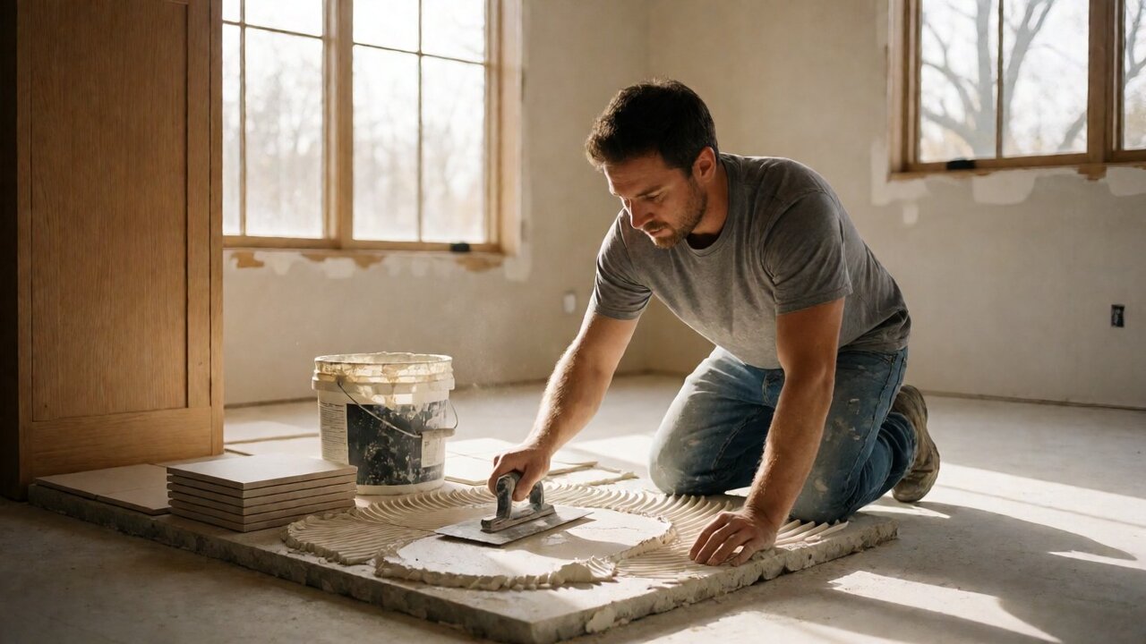 Tile setter spreading thinset mortar with a notched trowel over a concrete slab