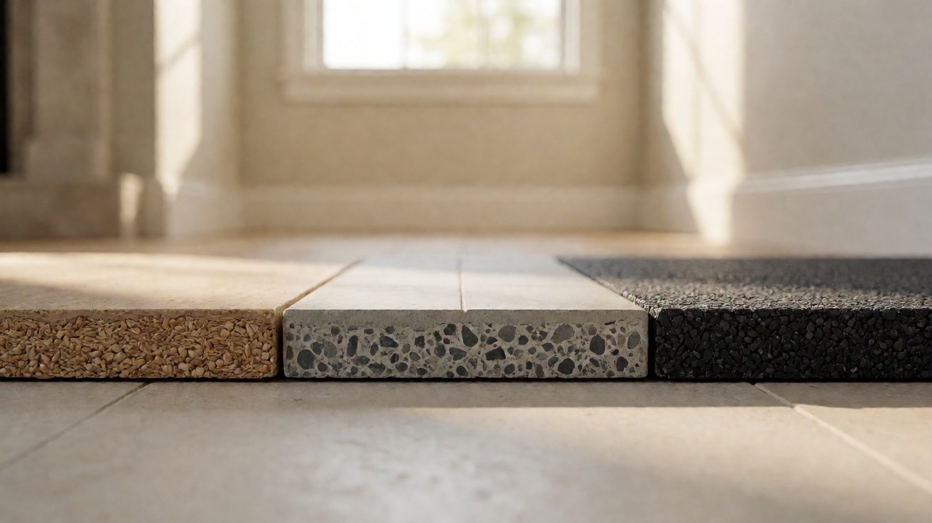 Cut edge samples of plant fibre, mineral composite, and synthetic rubber side by side