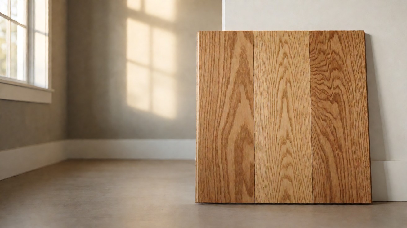 Three hardwood planks comparing plain-sawn, quarter-sawn, and rift-sawn grain