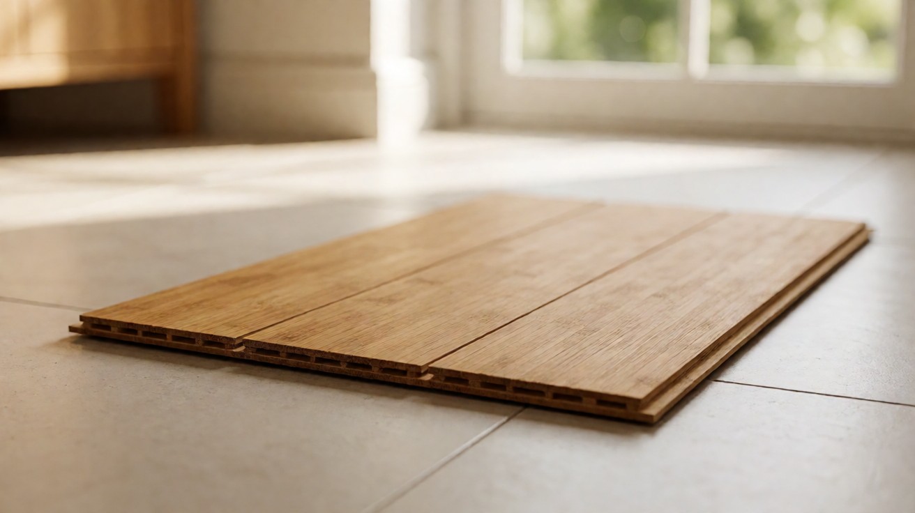 Three strand-woven bamboo floor planks showing hollow node chambers along the edges