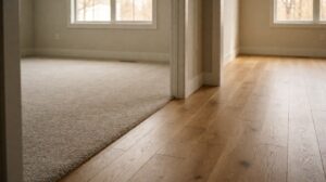 Open-plan home interior with a carpeted living room flowing into a hardwood dining area in warm daylight