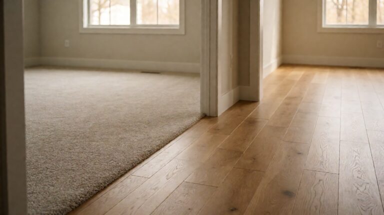 Open-plan home interior with a carpeted living room flowing into a hardwood dining area in warm daylight