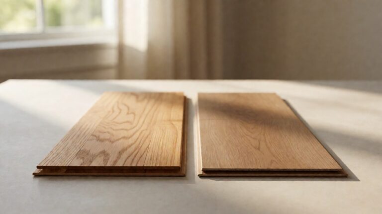 A solid hardwood plank beside a laminate plank showing the printed surface layer