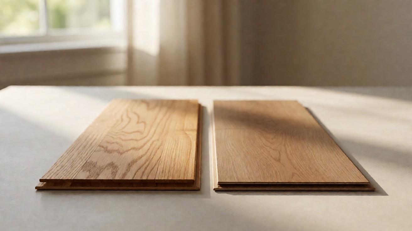 A solid hardwood plank beside a laminate plank showing the printed surface layer