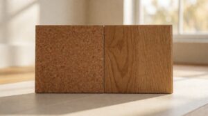 A square cork tile beside a solid oak plank showing their different surfaces