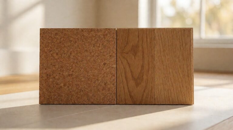 A square cork tile beside a solid oak plank showing their different surfaces
