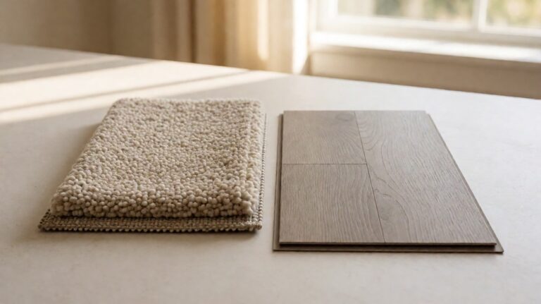 A loop pile carpet swatch beside a wood look luxury vinyl plank showing tufts, backing and core
