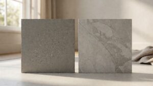 A polished concrete sample beside a porcelain tile, matte aggregate against grey veining