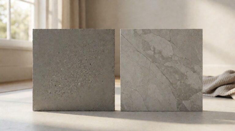 A polished concrete sample beside a porcelain tile, matte aggregate against grey veining