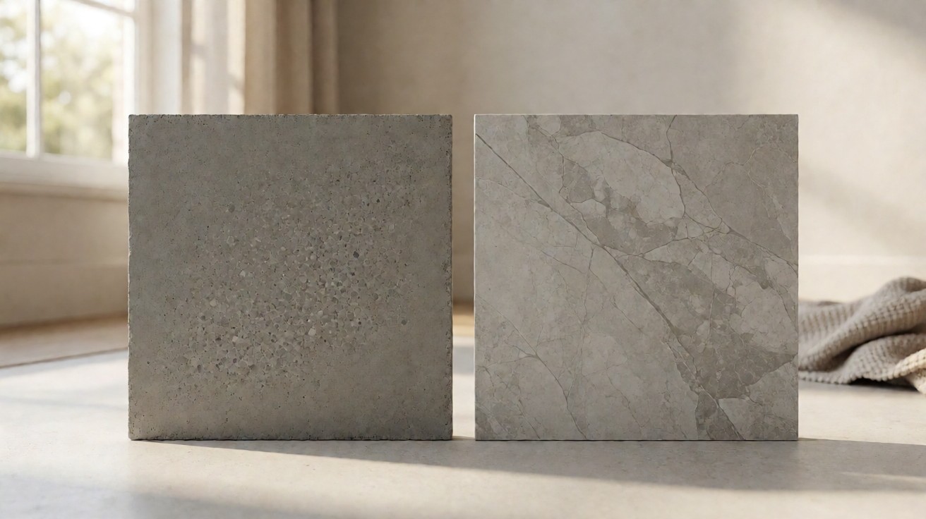 A polished concrete sample beside a porcelain tile, matte aggregate against grey veining